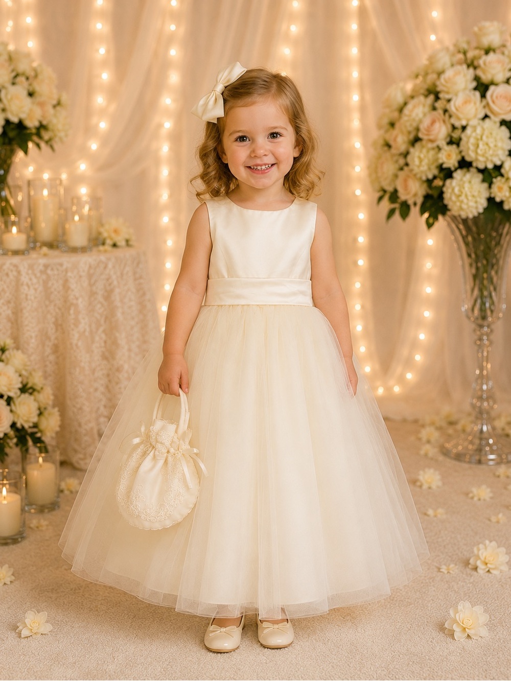David’s Bridal Girls 3T Ivory Flower Girl Dress + Purse NWT Wedding
